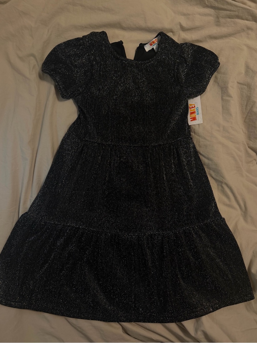 Black Glitter Puff-Sleeve Girls' Dress